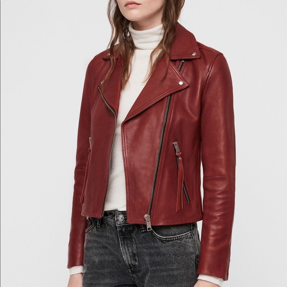 AllSaints Brick Red Dalby Leather Biker Jacket - Picture 2 of 11